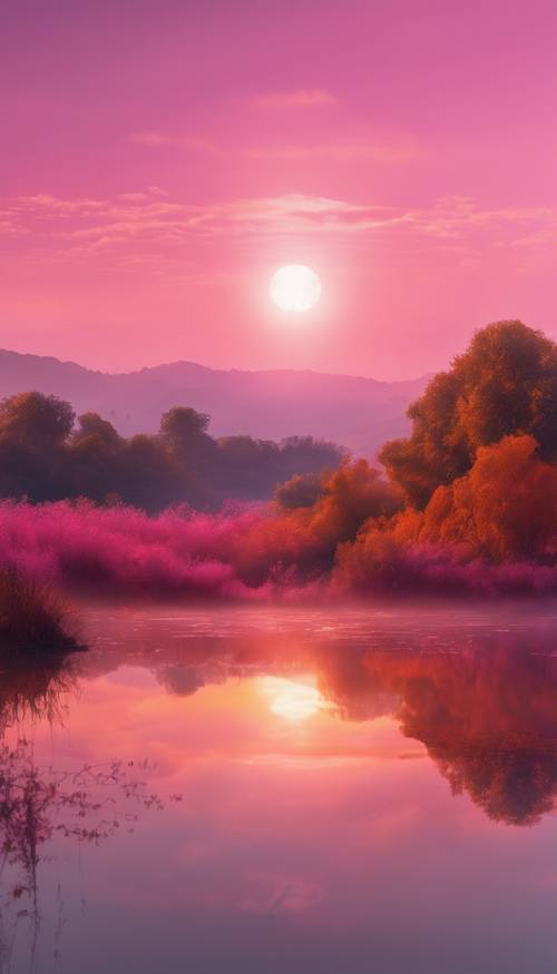 Pemandangan mistis dengan aura merah jambu dan oranye terang yang tembus pandang mengelilingi lanskap yang tenteram saat fajar.