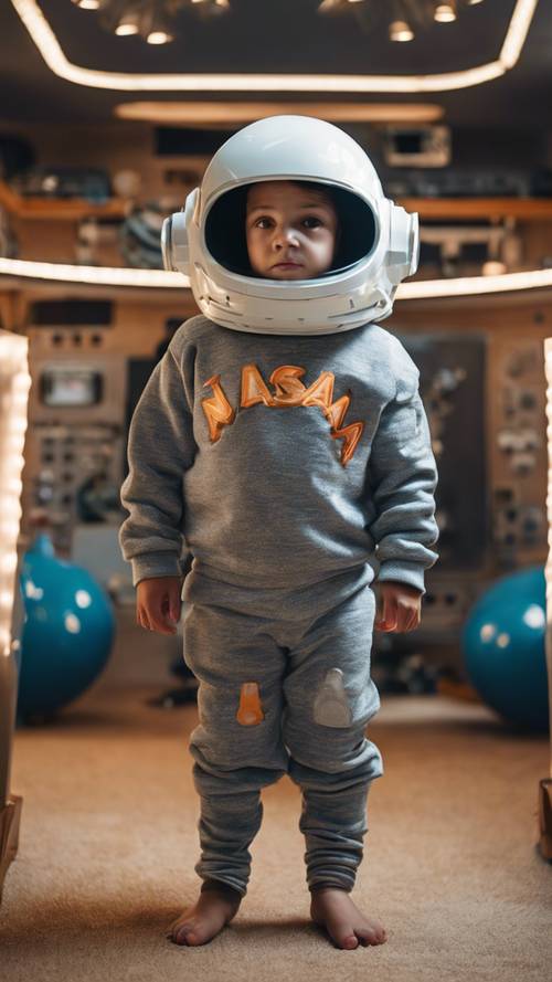A cool young boy in a spaceship-themed room, adorning a NASA sweatshirt and imaginary astronaut helmet.