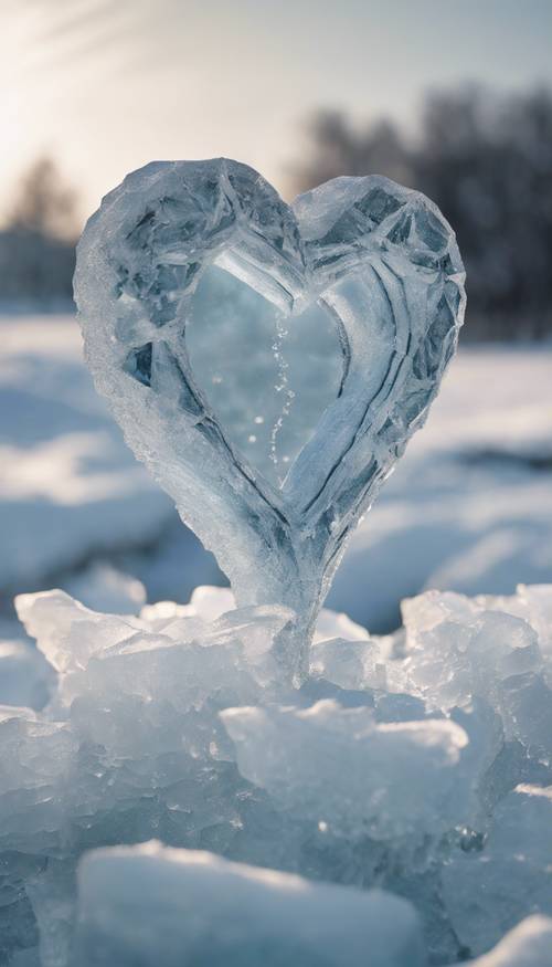 A close-up image of a jagged crack running through an ice heart sculpture on a frosty background. Tapeta [37634a8d95da4e9087fc]