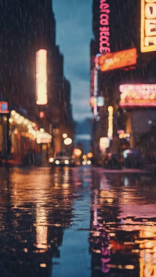 Uma rua chuvosa da cidade ao entardecer, reflexos de luzes de neon tremeluzindo em poças.