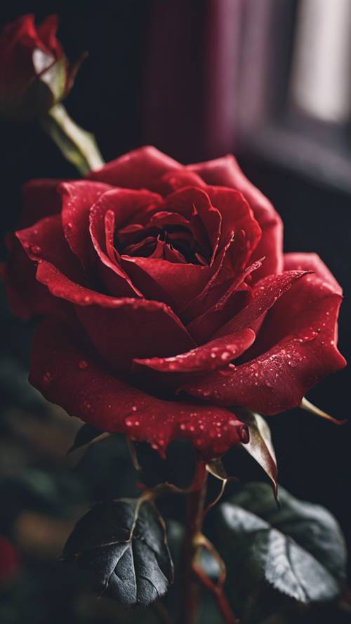 Un primo piano di una rosa vintage con petali rossi vellutati, vibranti e pieni di vita, su uno sfondo scuro e lunatico.