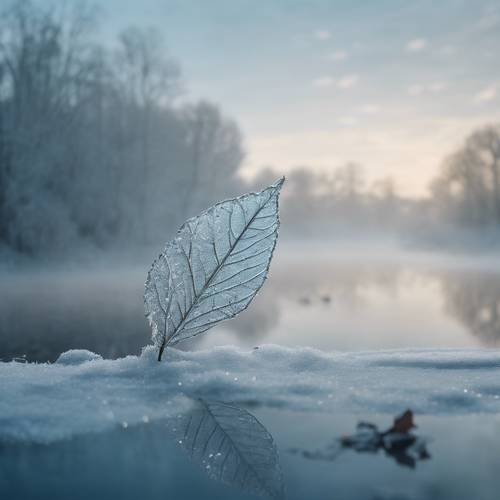 Una brumosa mañana de invierno con una solitaria hoja plateada cayendo hacia un estanque azul helado.