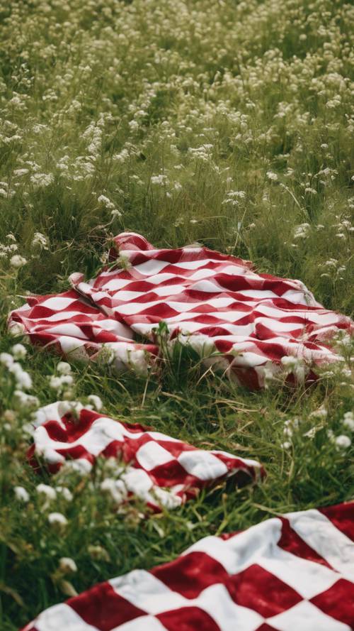 Tấm chăn dã ngoại ca rô đỏ trắng trải dài trên cánh đồng xanh tươi.