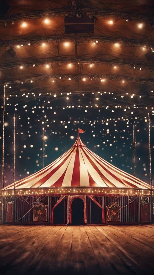 Pemandangan menakjubkan dari arena sirkus dengan lampu berkilauan di malam musim dingin.