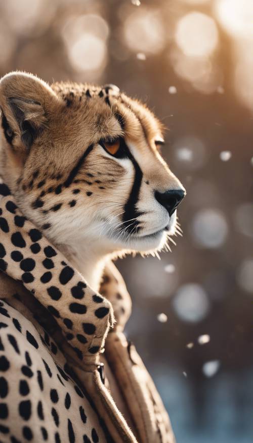 Uroczy wzór w kształcie geparda na stylowym płaszczu zimowym. Tapeta [f0d3d960867643459996]