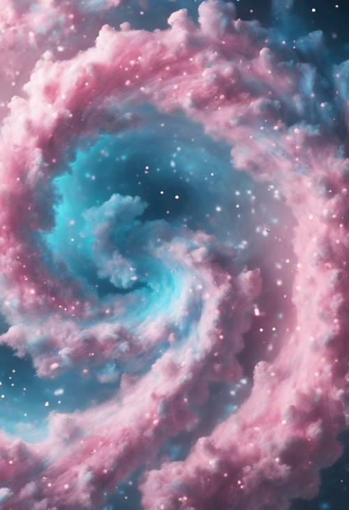 Una galaxia esponjosa de estilo kawaii que gira en tonos rosa algodón de azúcar y azul celeste.