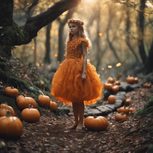 Enchanting fairy wearing a pumpkin dress in a gathering of pixies in a forest hollow. Tapet [e8647e3435e0432ea4b2]