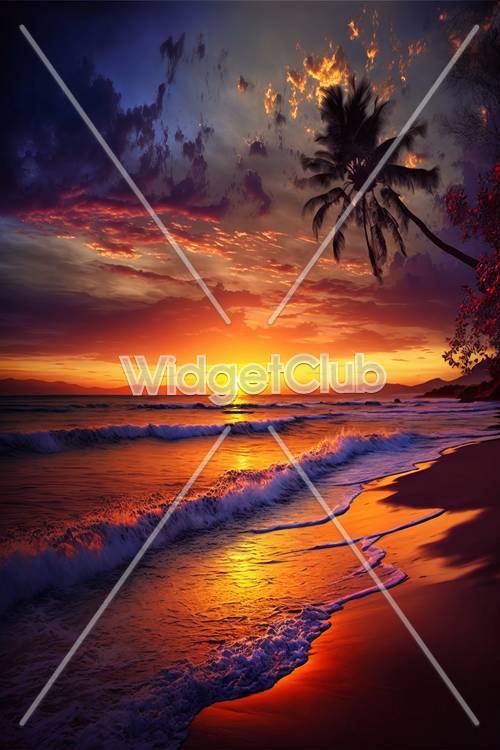Sunset Beach Scene with Crimson Waves and Palm Trees