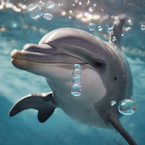 Ein gelangweilter Delphin unterhält sich mit der Erzeugung komplizierter Blasenringe, die im in die Tiefe eindringenden Nachmittagssonnenlicht aufsteigen und schimmern.