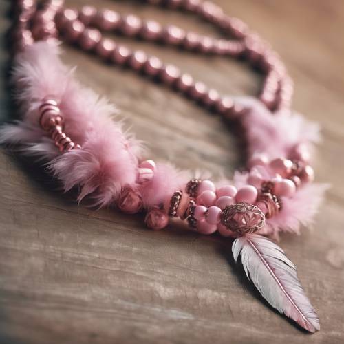 Tampilan dekat kalung boho merah muda yang terbuat dari manik-manik dan bulu.