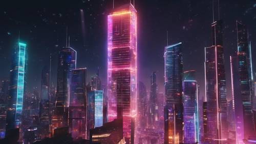 A futuristic skyscraper with a sleek glass facade, towering over a cityscape at night lit by neon lights. Tapeta [fb4a7b5a2772472db0ad]