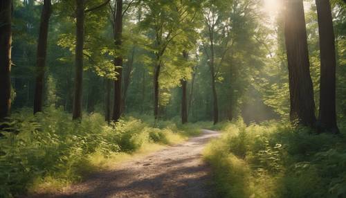 Gravel road traversing through a tranquil summer forest with towering trees, underbrush, and dappled sunlight, leading into the unknown.