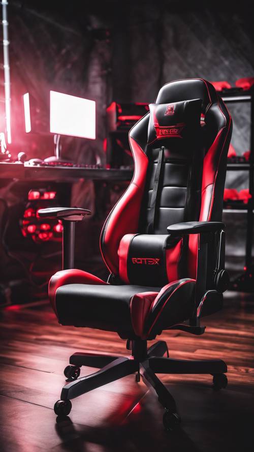  A black and red gaming chair in front of a dark-themed gaming setup.