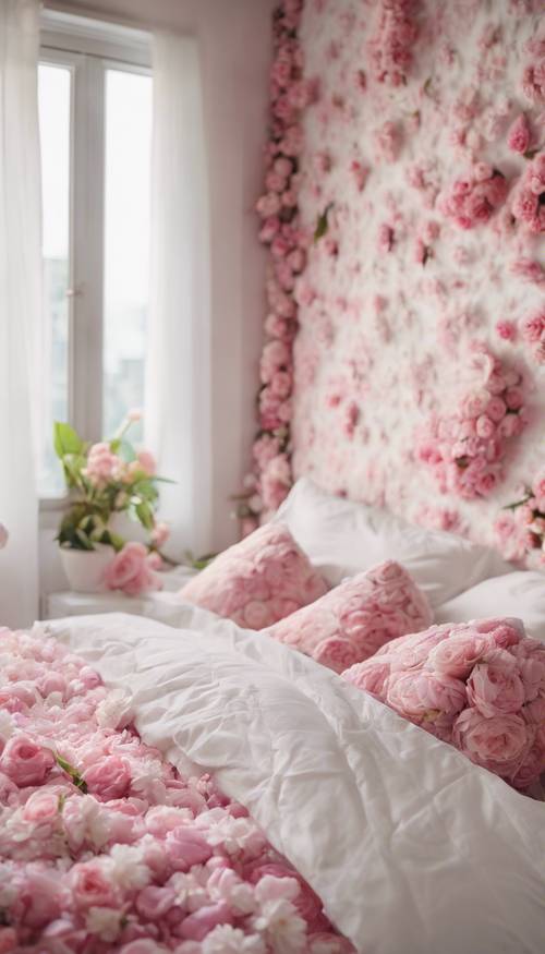Pembe çiçekli bir yorganla ve uyumlu yastıklarla kaplı davetkar beyaz bir yatak, pencereleri güneşli bir güne açılıyor.