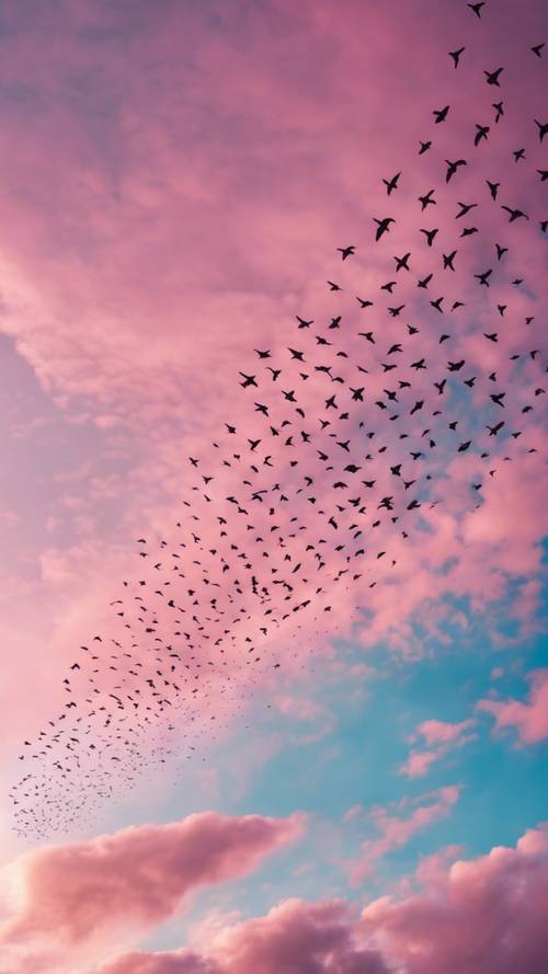 A flock of birds soaring high in the cotton candy pink and blue cloudy sky during sunrise.
