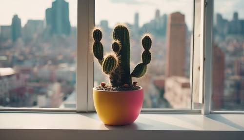 un cactus en una colorida maceta de diseño boho parada en el alféizar de una ventana con el paisaje urbano al fondo