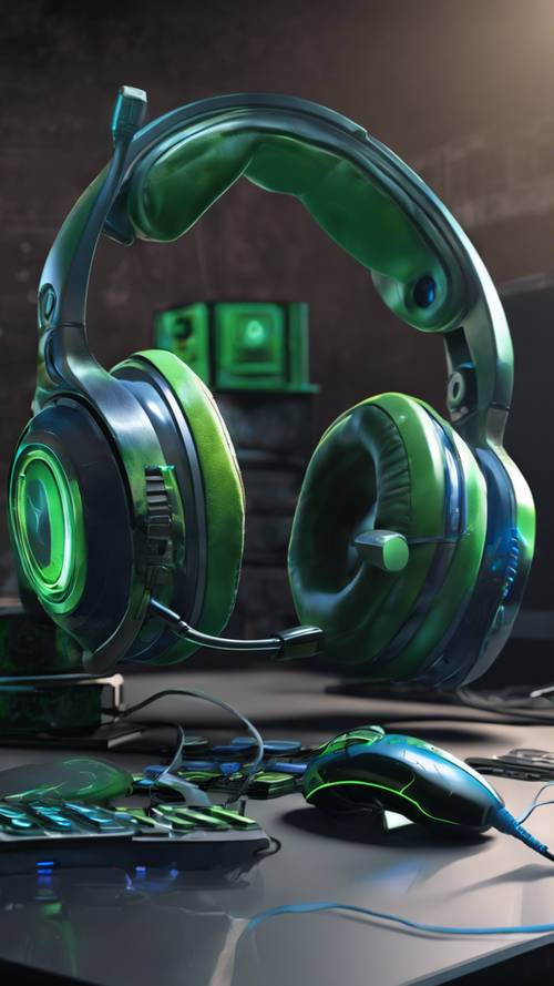 A futuristic green gaming console placed next to a blue gaming headset on a black table.