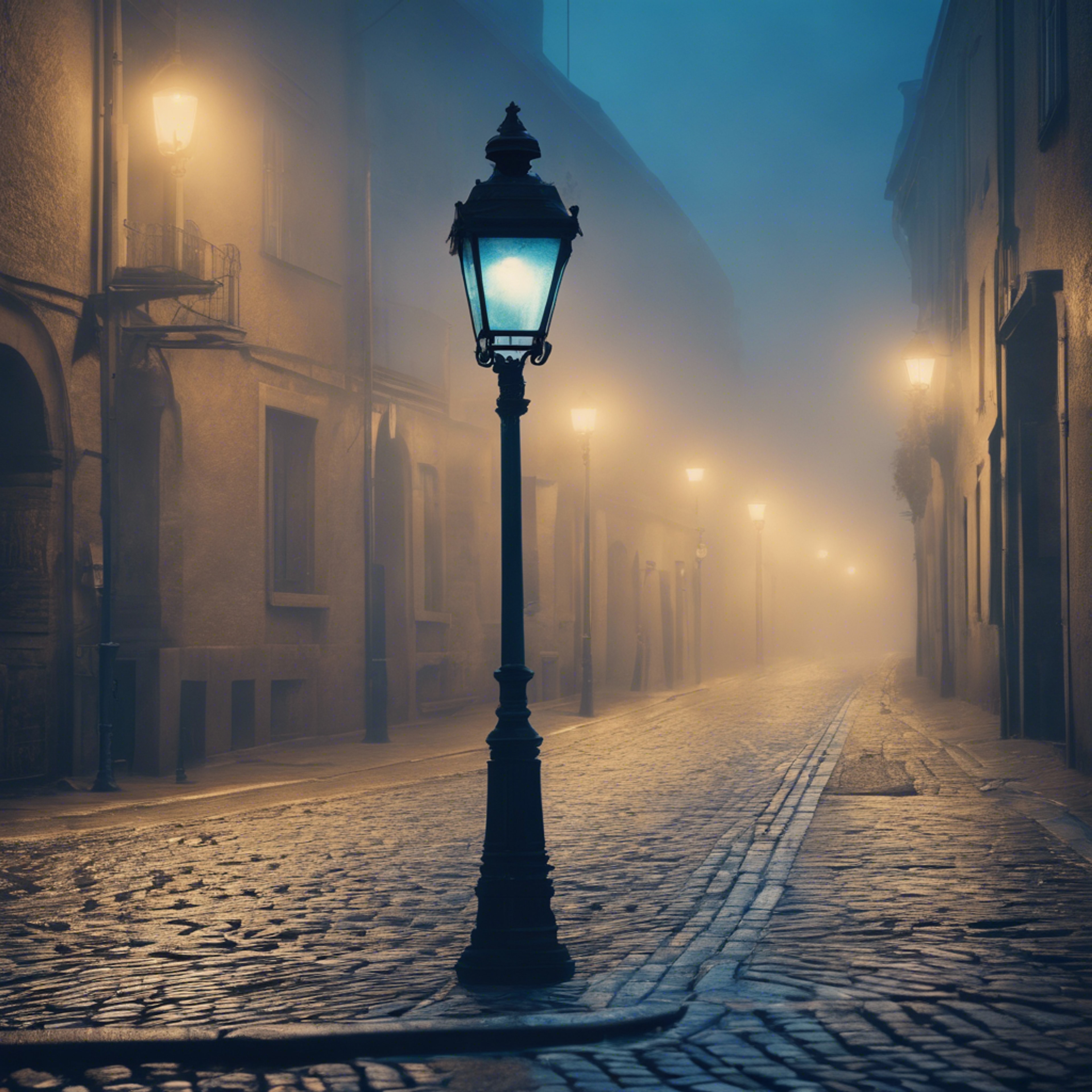A foggy image of a cobblestone street lit by an old blue lamp post. Tapet[86a8420f9b4d45a484bd]