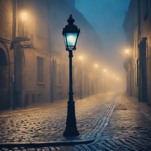 这是鹅卵石街道的雾蒙蒙的图像，由一根古老的蓝色灯柱照亮。