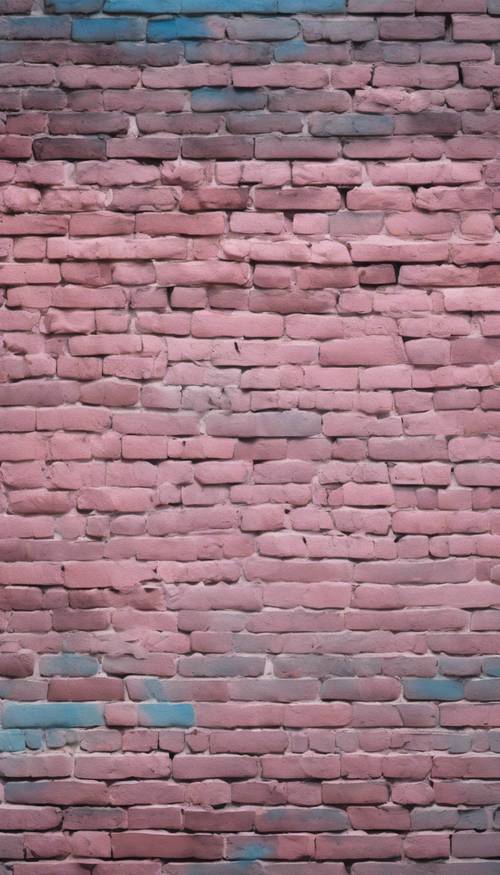 Tinta ombre rosa e azul sutil escovada em uma velha parede de tijolos.