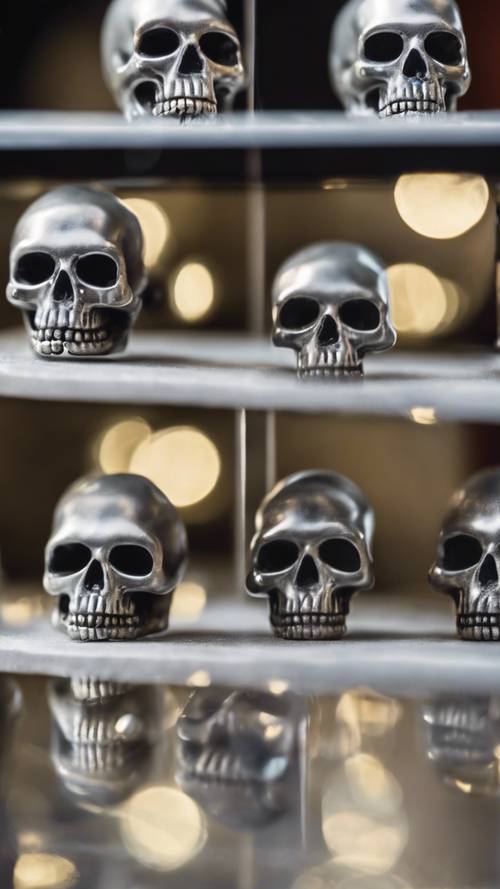 A pair of tiny gray skull earrings sparkling in a jewelry store window.