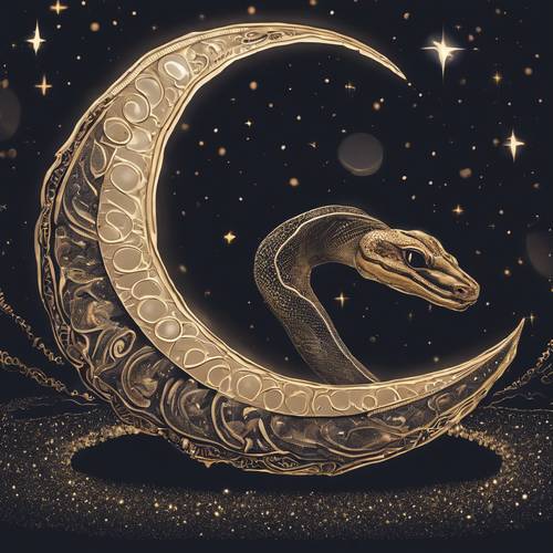 A cosmic snake coiling around a crescent moon - a celestial symbol silhouetted against the night sky.