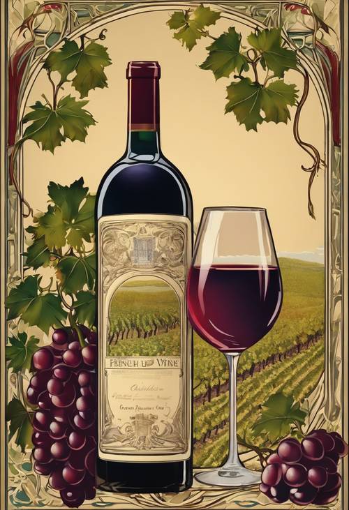 Une affiche publicitaire Art Nouveau pour le vin français, représentant des vignes, une bouteille et un verre de vin rouge.