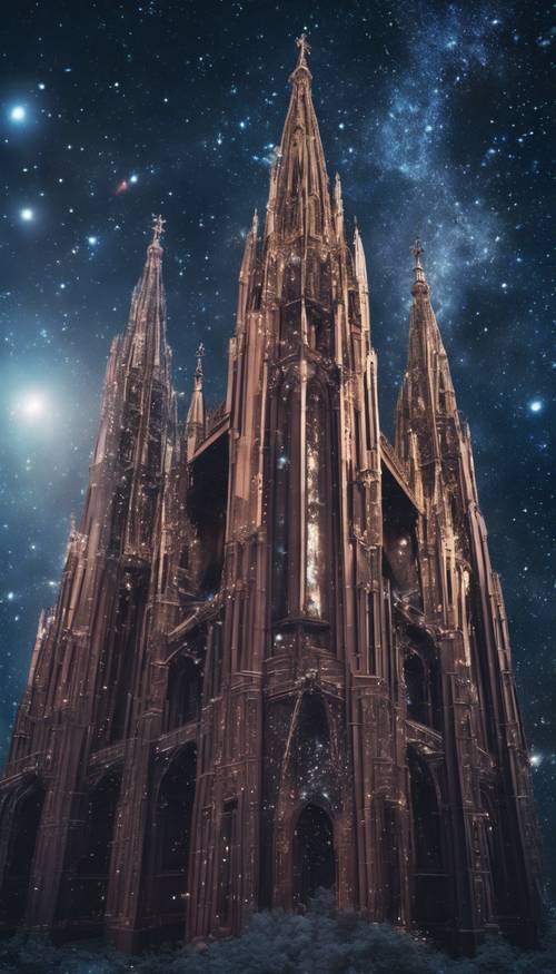 Katedral Gotik yang dibangun murni dari debu bintang yang berkilauan, dengan latar belakang galaksi dan nebula jauh di angkasa dalam dalam nuansa senja.
