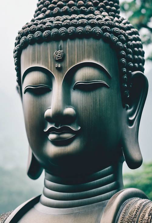 A detailed shot of the Tian Tan Buddha statue, also known as Big Buddha, shrouded in mist on Lantau Island, Hong Kong.