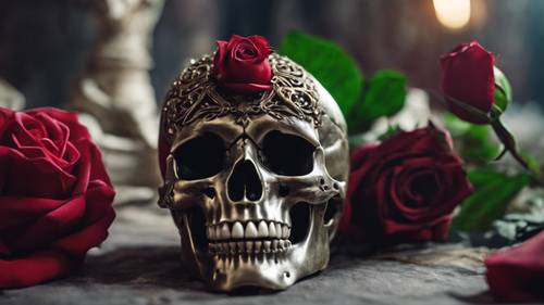 Ein Totenkopf aus Samt mit einer Rose zwischen den Zähnen in einer gotischen Umgebung