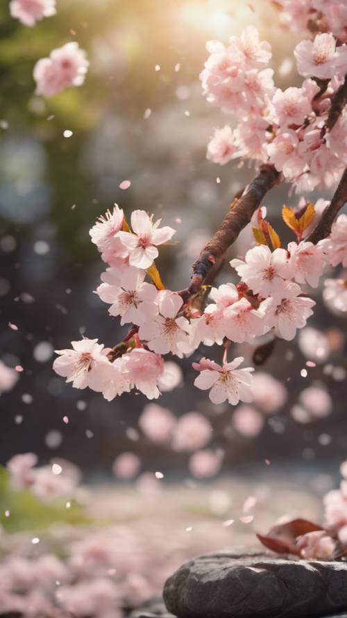 Pemandangan indah bunga sakura yang berjatuhan lembut di taman zen.