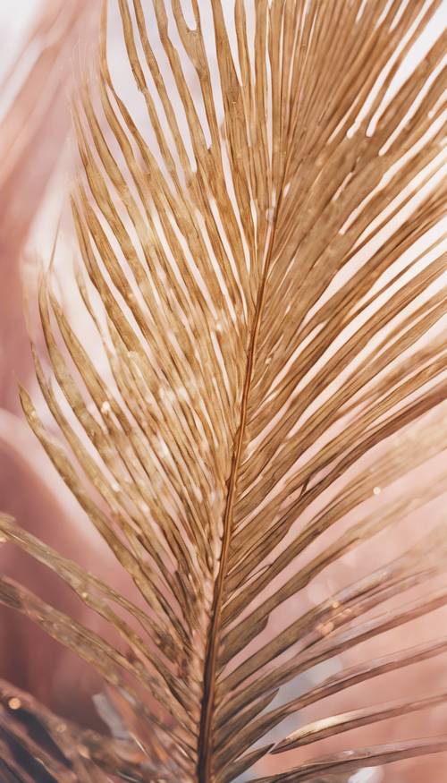 Une image tourbillonnante et artistiquement améliorée d’une feuille de palmier dorée dans un décor pastel de rêve.