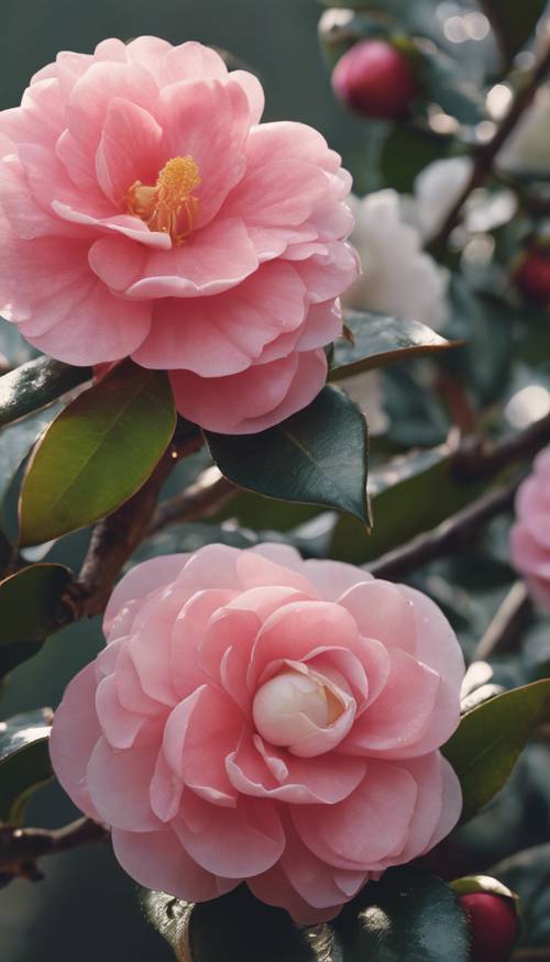 A detailed and close up view of a flourishing camellia flower in full bloom.