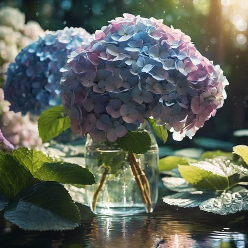 A painting-style portrayal of hydrangeas bathed in soft, dappled moonlight by a tranquil pond.