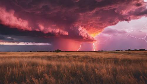 A fiery pink sunset slices through a dramatic thunderstorm over the prairie. Tapet [dc3a8e14a58b40709638]