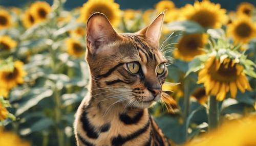 Un&#39;immagine ravvicinata di un gatto del Bengala che scruta con curiosità in mezzo a un campo di girasoli in fiore.