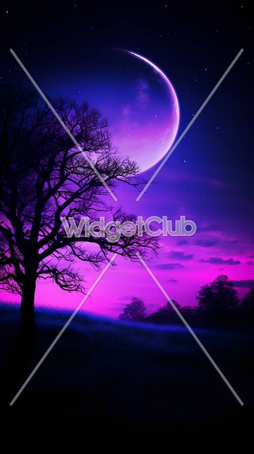 Magical Purple Night Sky with Moon and Stars