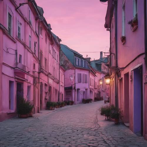 Streets of an old European town washed in hues of pink and lavender at dusk.