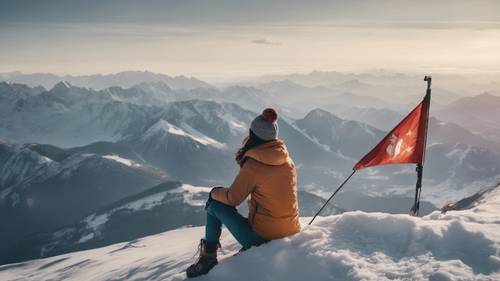A woman mountain climber admiring the stunning view from the peak, her victory flag planted firmly in the snow.