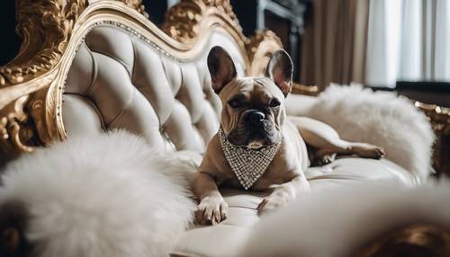 Um Bulldog Francês com coleira cravejada de diamantes descansando em um sofá luxuoso.