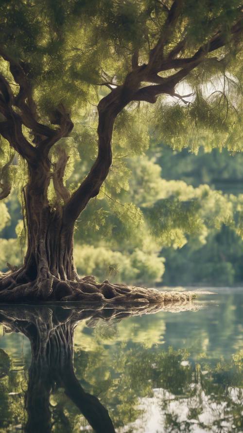 A shimmering pond reflecting a ancient tree, the inscription 'The righteous will flourish like a palm tree' on the still water.