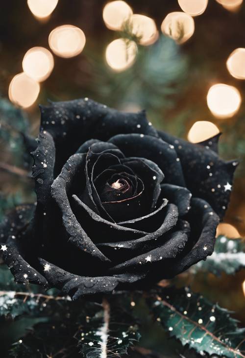 Una rosa nera, al posto di una stella, incorona un antico albero di Natale avvolto nelle ragnatele.