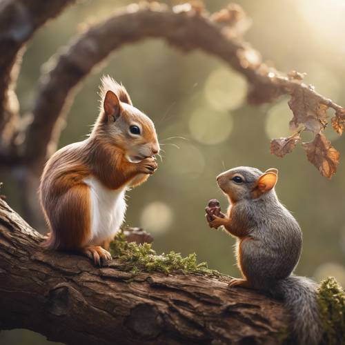 A fairy and her squirrel friend sharing secrets on an old oak branch