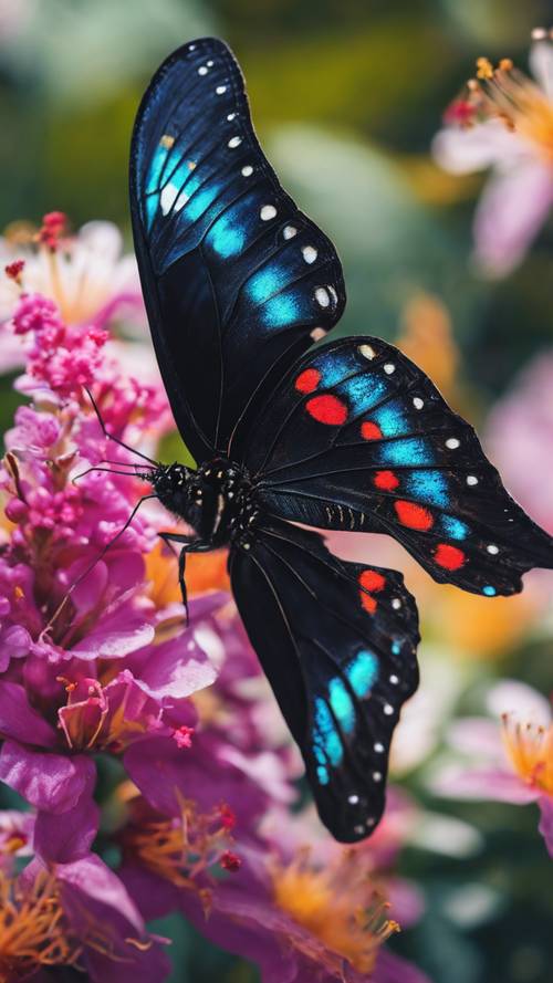 A black butterfly with iridescent wings resting on vibrant, tropical flowers.