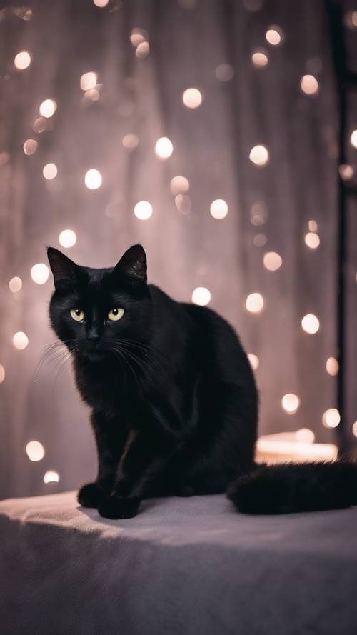 Seekor kucing hitam duduk di atas beludru hitam di bawah sinar bulan yang lembut