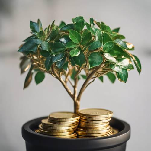 Uma árvore de dinheiro verde em um pote com uma moeda de ouro brilhante na raiz.