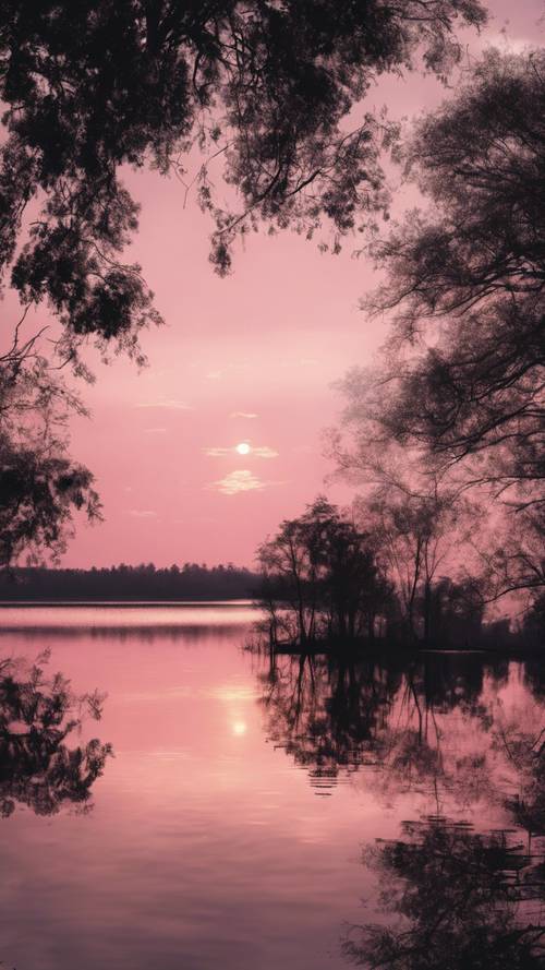나무의 어두운 실루엣으로 둘러싸인 고요한 호수 위에 연한 분홍빛 일몰이 있습니다.
