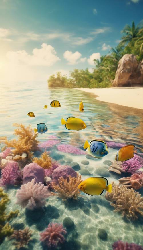 A tranquil beach scenery with colorful tropical fishes underwater.