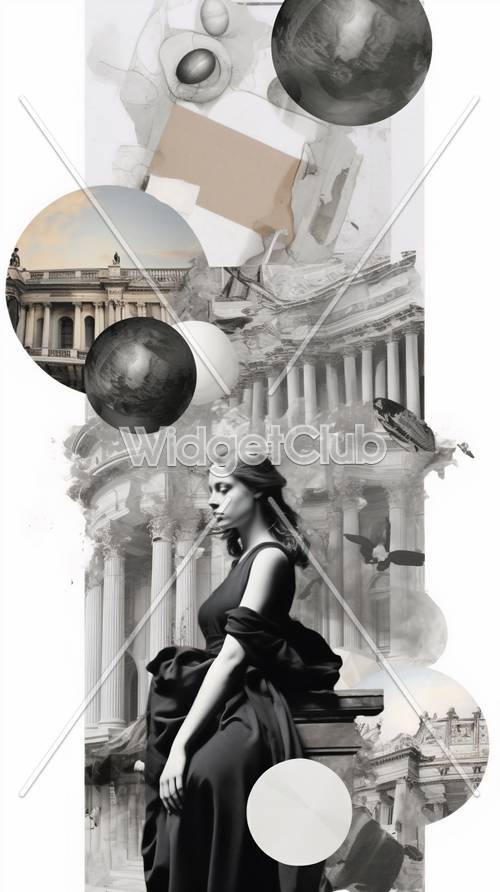 Collage de ensueño de una mujer, arquitectura y naturaleza