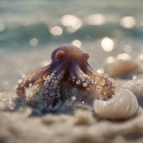 A baby octopus nervously stepping out of a clamshell, experiencing the ocean for the first time.